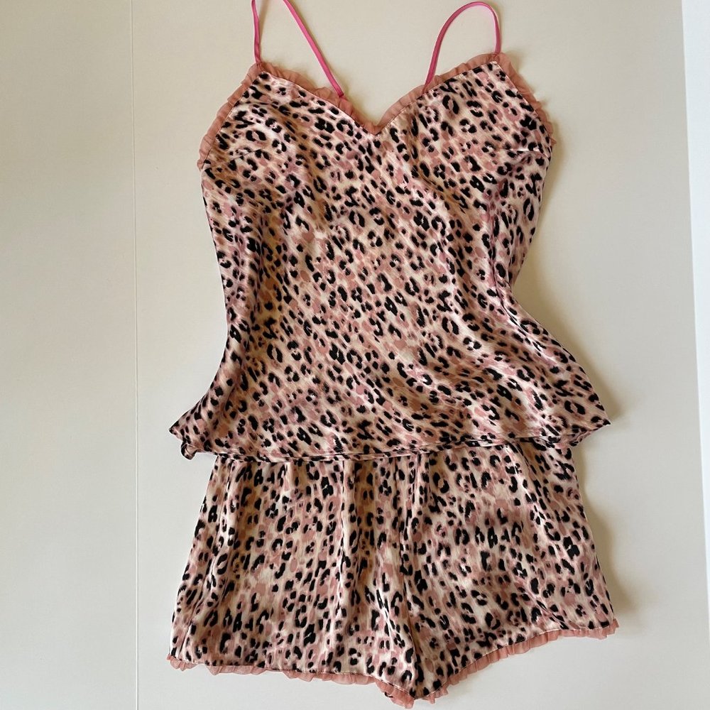 Victoria's Secret Leopard Pink/Black Animal Print Satin Cami Pajama Sleep SET- M